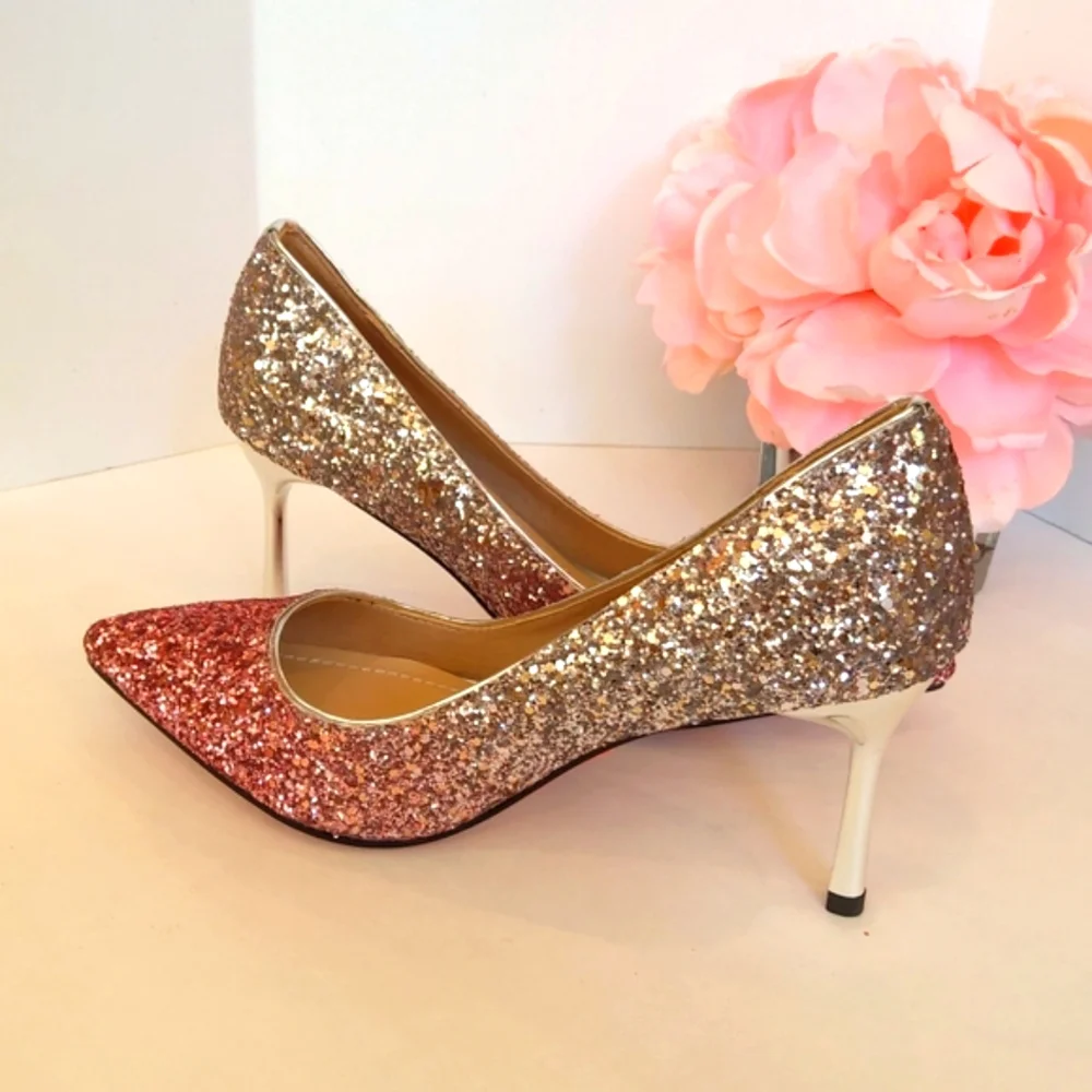 NEW ! Women's glamorous pink silver glitter high heels pumps Wedding Party Prom